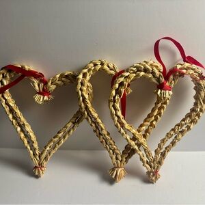 Three Handcrafted Straw Heart with Red Valentines Accents
